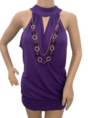 Voila Purple Halter-Neck Sleeveless Mini Dress with Attached Necklace - Size L